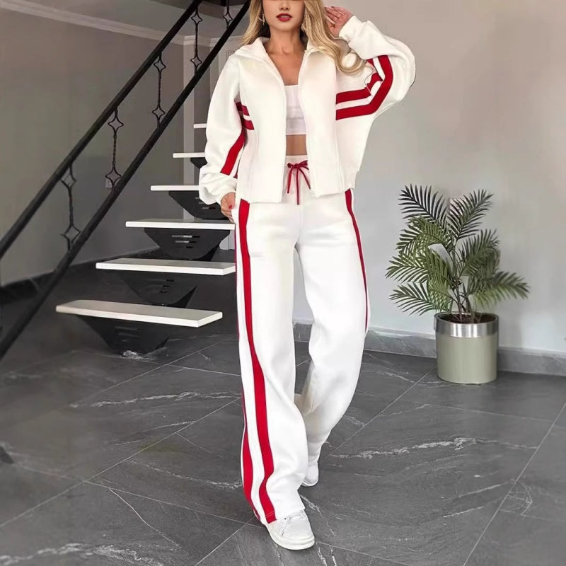 Tuta Donna Due Pezzi con Zip e Righe a Contrasto – Completo Sportivo con Pantaloni a Gamba Larga