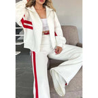 Tuta Donna Due Pezzi con Zip e Righe a Contrasto – Completo Sportivo con Pantaloni a Gamba Larga