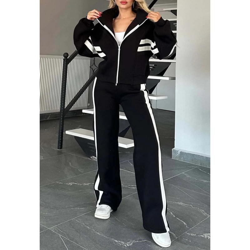 Tuta Donna Due Pezzi con Zip e Righe a Contrasto – Completo Sportivo con Pantaloni a Gamba Larga