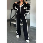 Conjunto deportivo casual de dos piezas para mujer con cremallera y franjas en contraste, con pantalones de pierna ancha