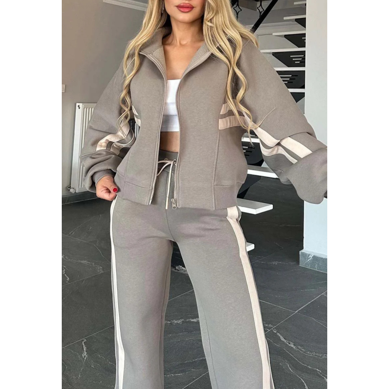 Tuta Donna Due Pezzi con Zip e Righe a Contrasto – Completo Sportivo con Pantaloni a Gamba Larga