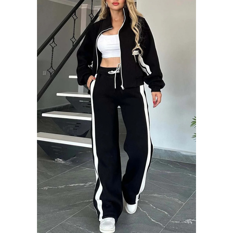 Conjunto deportivo casual de dos piezas para mujer con cremallera y franjas en contraste, con pantalones de pierna ancha