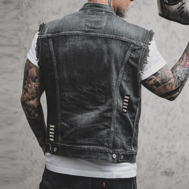 Gilet de motard pour homme en denim délavé à bords effilochés