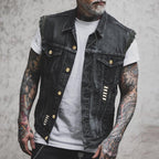 Gilet de motard pour homme en denim délavé à bords effilochés