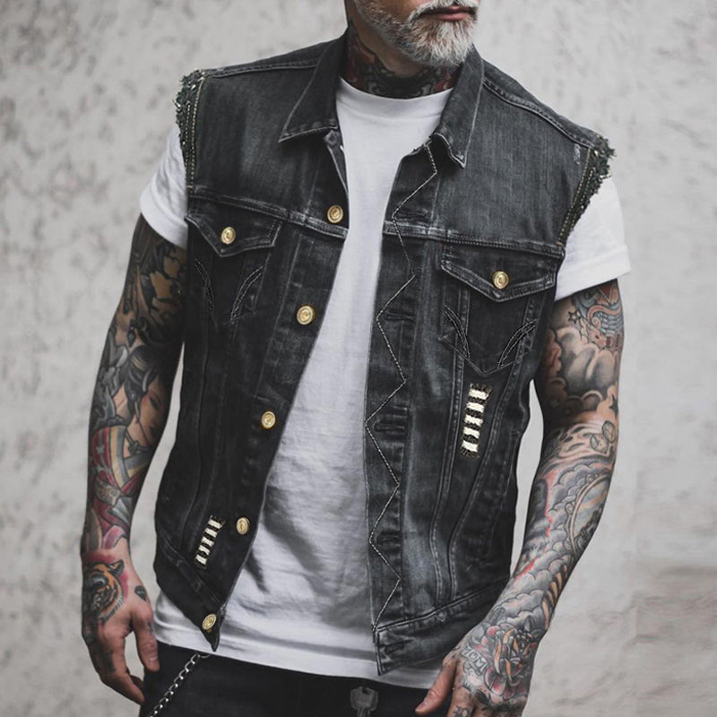 Gilet de motard pour homme en denim délavé à bords effilochés
