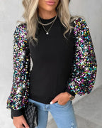 Blusa Donna con Maniche a Palloncino, Paillettes e Dettagli a Contrasto