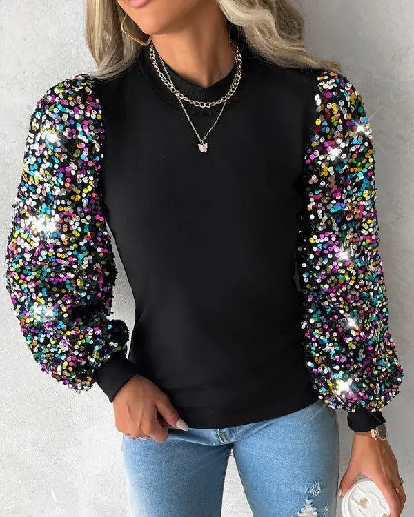 Blusa Donna con Maniche a Palloncino, Paillettes e Dettagli a Contrasto