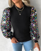 Blusa Donna con Maniche a Palloncino, Paillettes e Dettagli a Contrasto