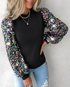 Blusa Donna con Maniche a Palloncino, Paillettes e Dettagli a Contrasto
