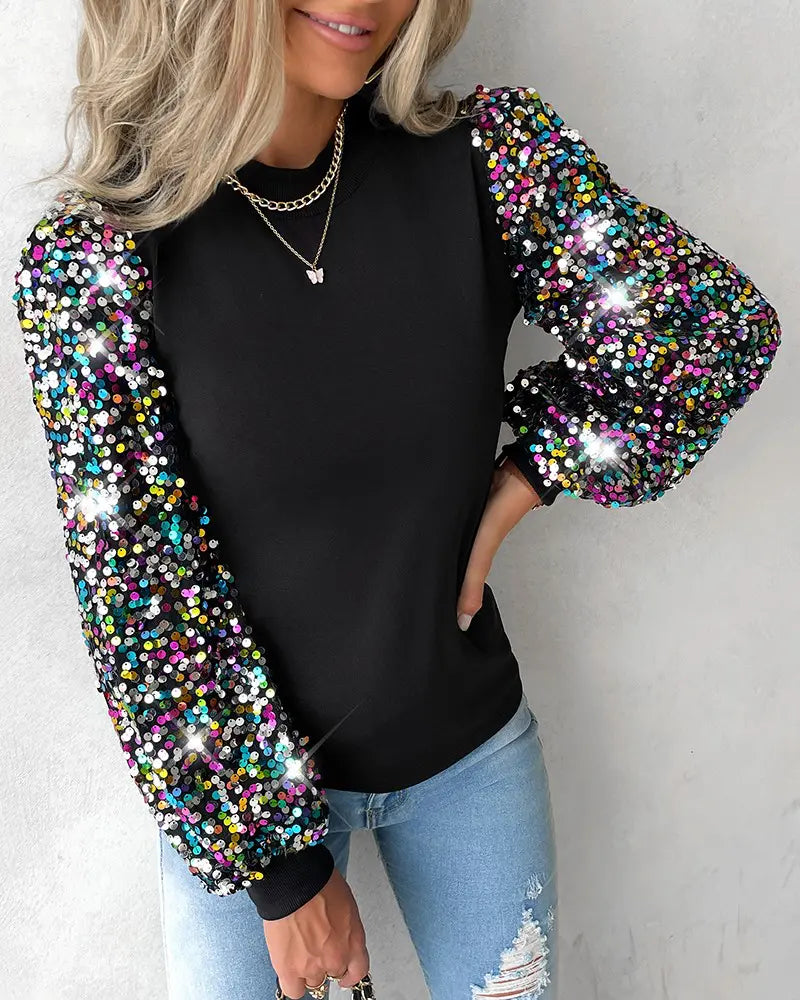 Blusa Donna con Maniche a Palloncino, Paillettes e Dettagli a Contrasto