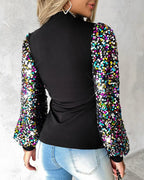 Blusa Donna con Maniche a Palloncino, Paillettes e Dettagli a Contrasto
