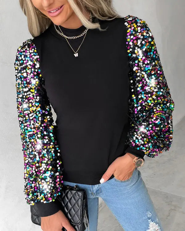 Blusa Donna con Maniche a Palloncino, Paillettes e Dettagli a Contrasto
