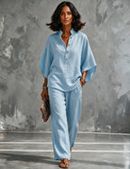 Ensemble deux pièces femme en lin avec manches chauve-souris - blouse et pantalon large d’été