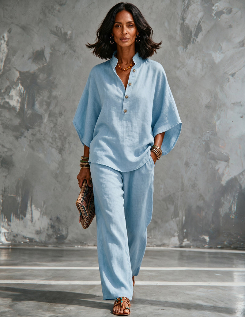 Ensemble deux pièces femme en lin avec manches chauve-souris - blouse et pantalon large d’été