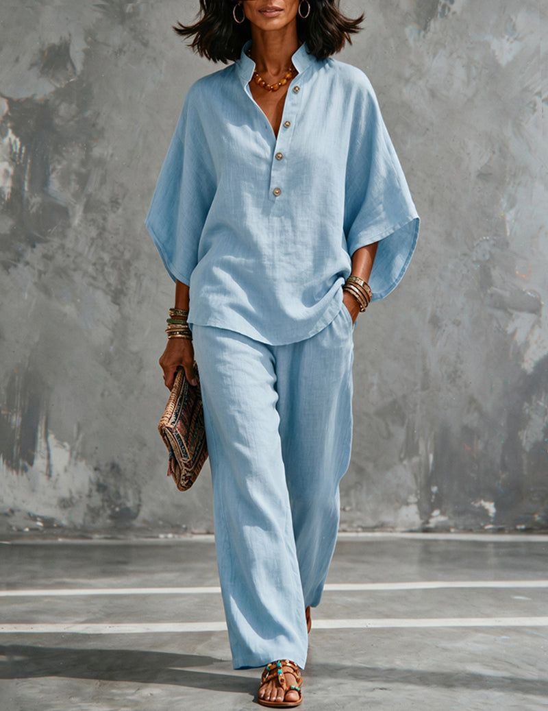 Ensemble deux pièces femme en lin avec manches chauve-souris - blouse et pantalon large d’été