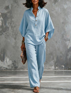 Ensemble deux pièces femme en lin avec manches chauve-souris - blouse et pantalon large d’été