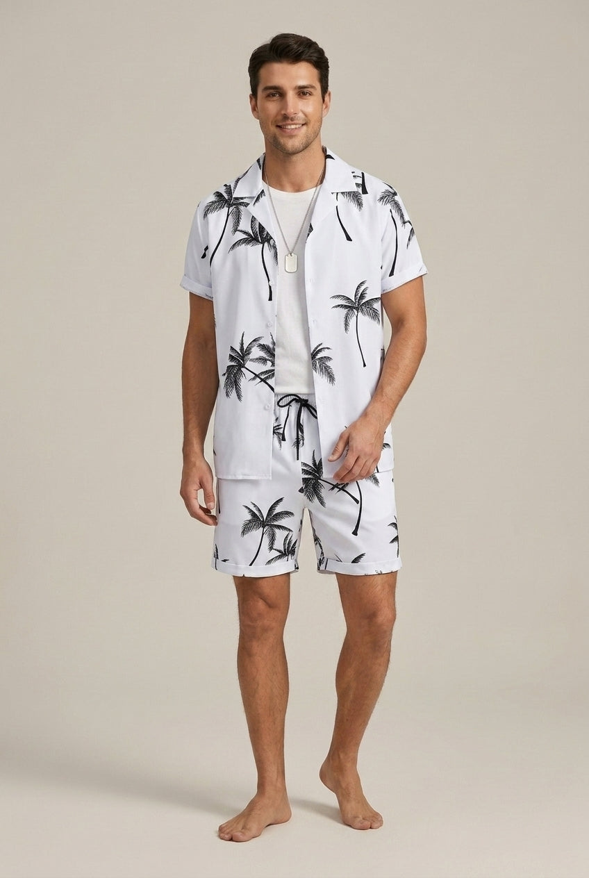 Conjunto de verano para hombre con camisa estampada de palmeras y shorts