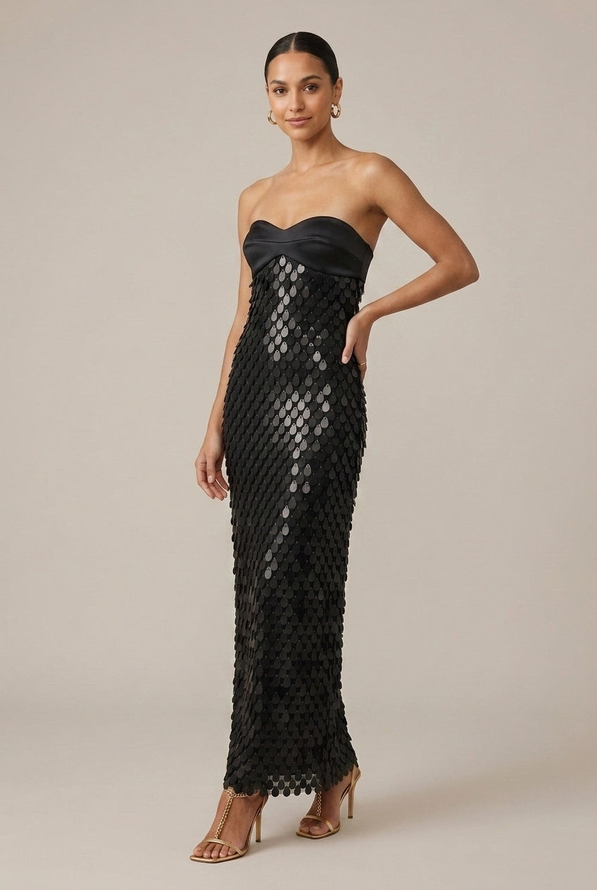 Abito Maxi Donna con Paillettes e Scollo a Cuore