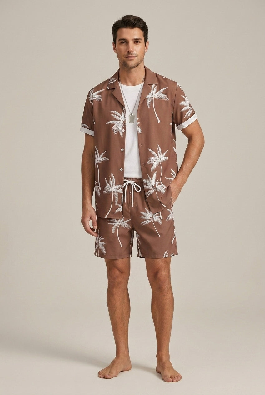 Conjunto de verano para hombre con camisa estampada de palmeras y shorts