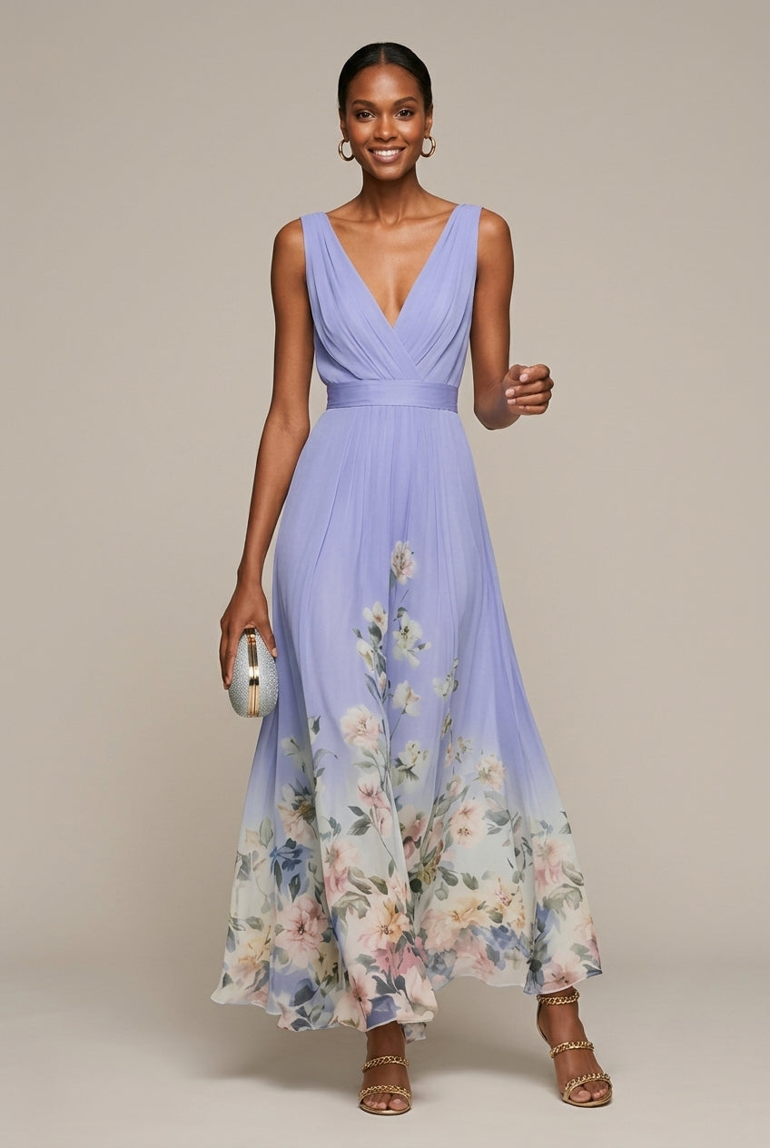 Robe maxi femme à fleurs avec col en V