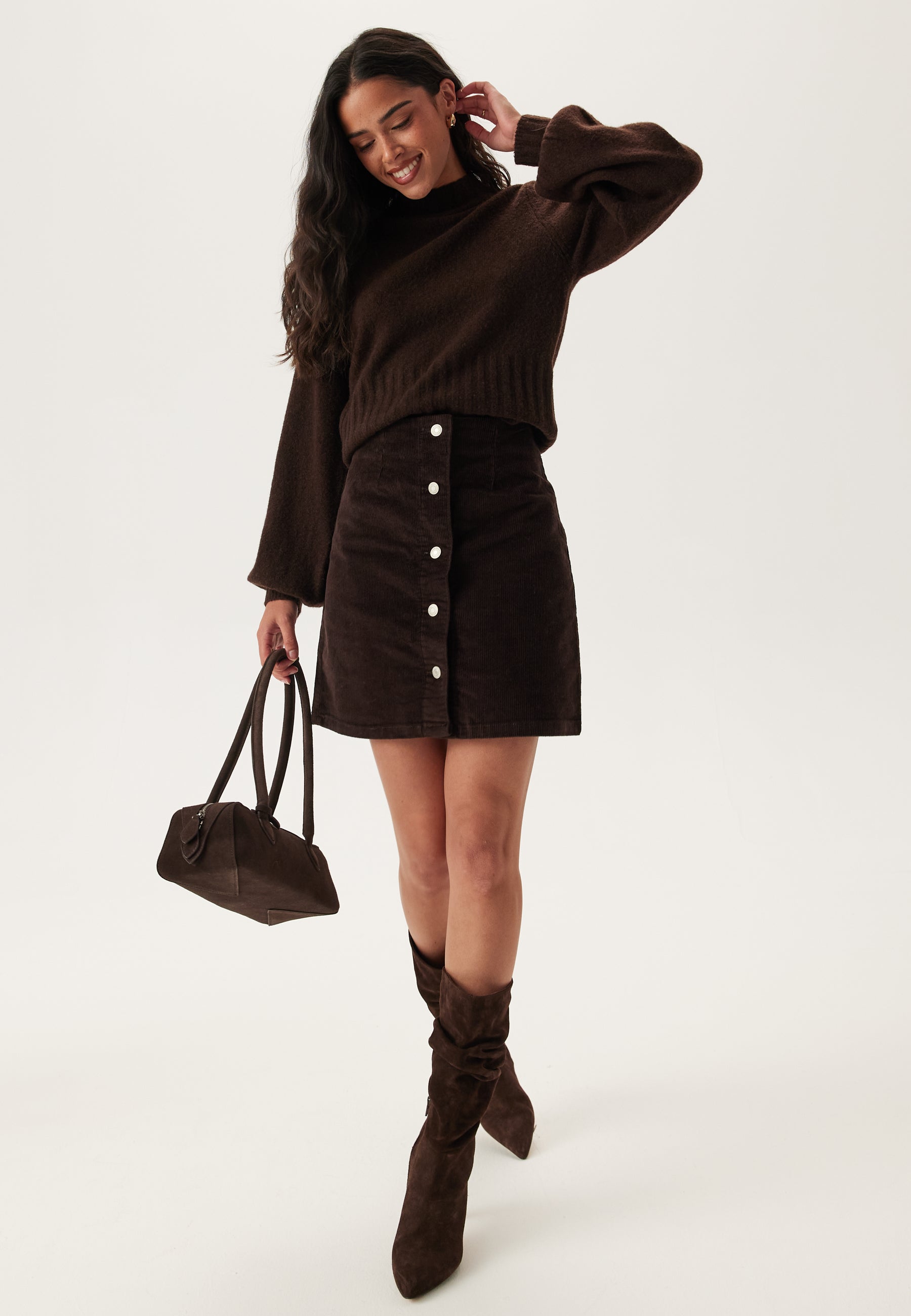 Gonna Mini in Corduroy con Vita Alta e Chiusura a Bottoni