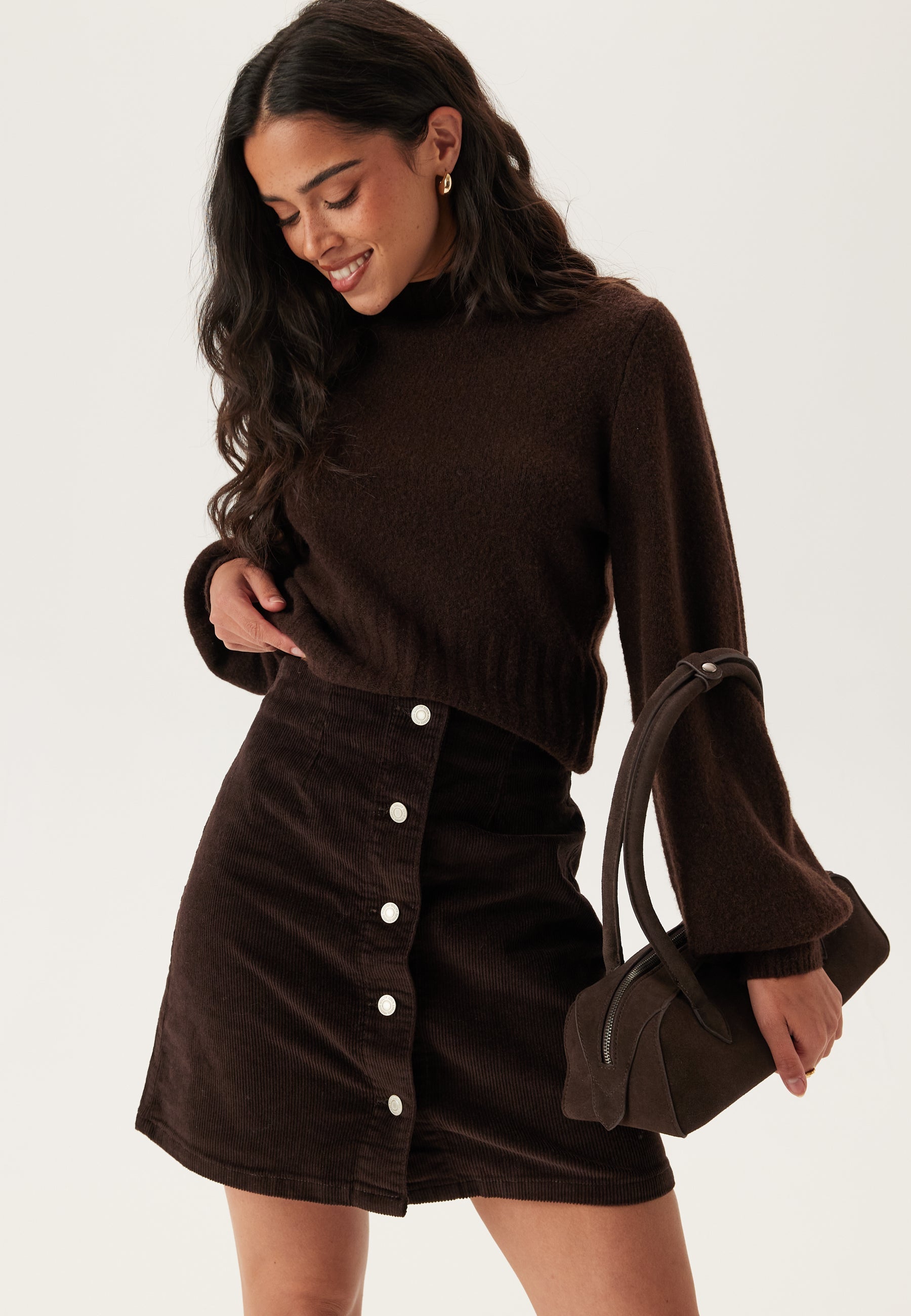 Gonna Mini in Corduroy con Vita Alta e Chiusura a Bottoni