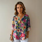 Blusa Donna Estiva Stampata con Scollo a V – Leggera e Casual con Maniche a 3/4
