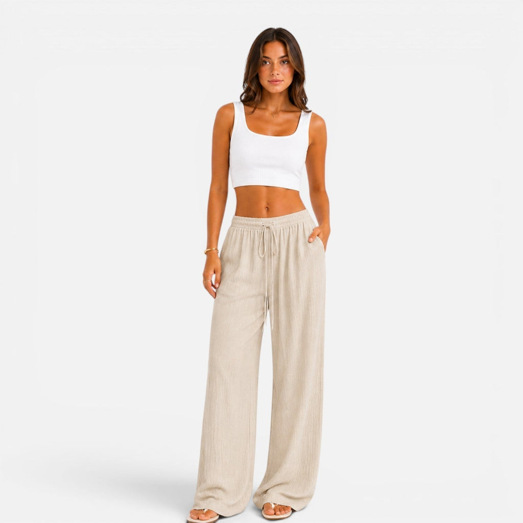 Pantaloni Donna a Gamba Larga con Vita Regolabile