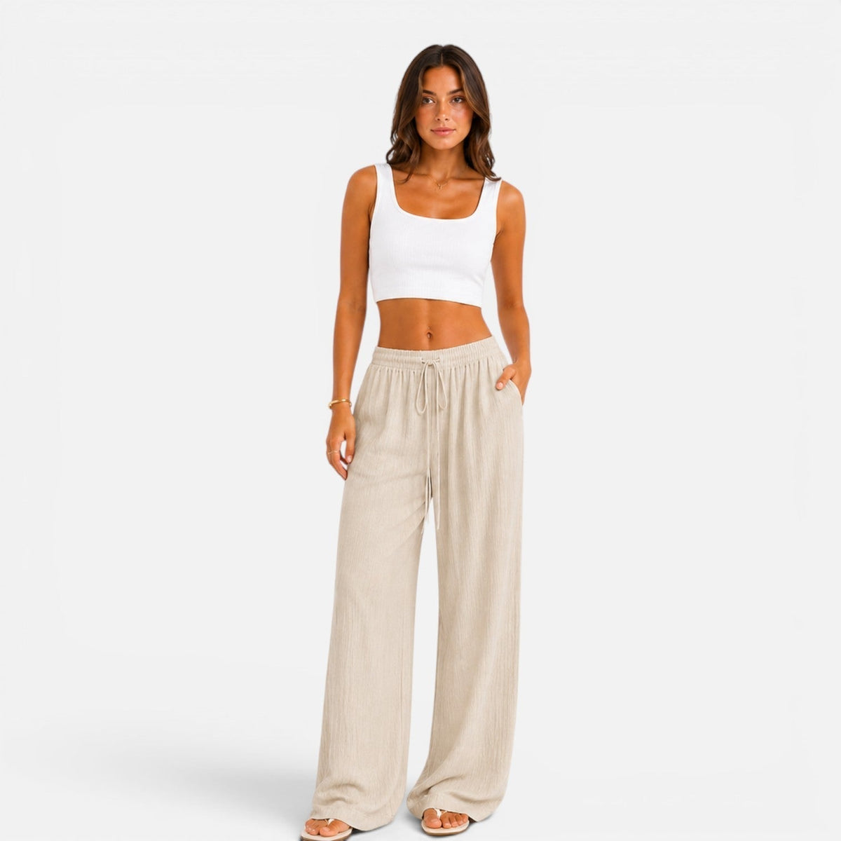 Pantaloni Donna a Gamba Larga con Vita Regolabile