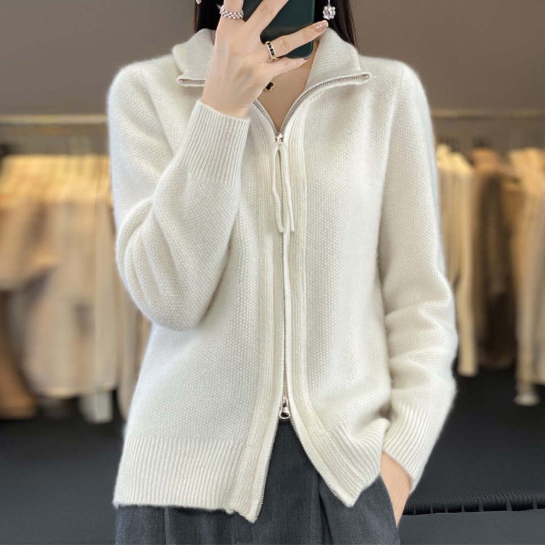 Cardigan oversize pour femme en laine avec fermeture éclair - col montant et poches avant