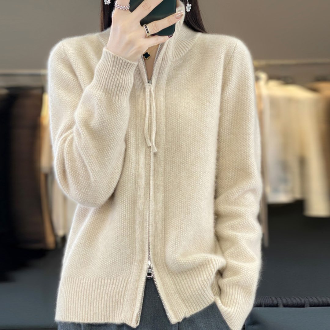 Cardigan oversize pour femme en laine avec fermeture éclair - col montant et poches avant