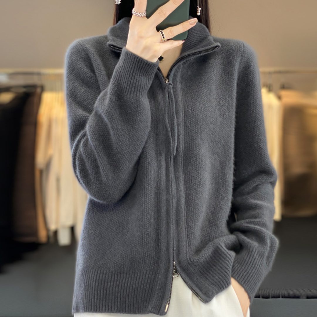 Cardigan oversize pour femme en laine avec fermeture éclair - col montant et poches avant