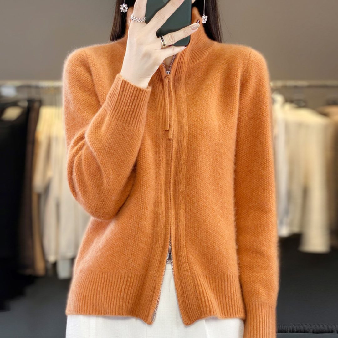 Cardigan oversize pour femme en laine avec fermeture éclair - col montant et poches avant