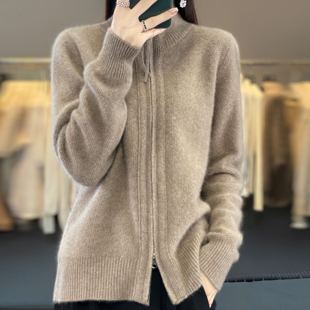 Cardigan oversize pour femme en laine avec fermeture éclair - col montant et poches avant
