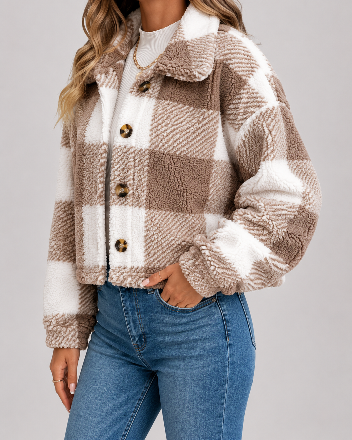 Veste teddy femme à carreaux en polaire