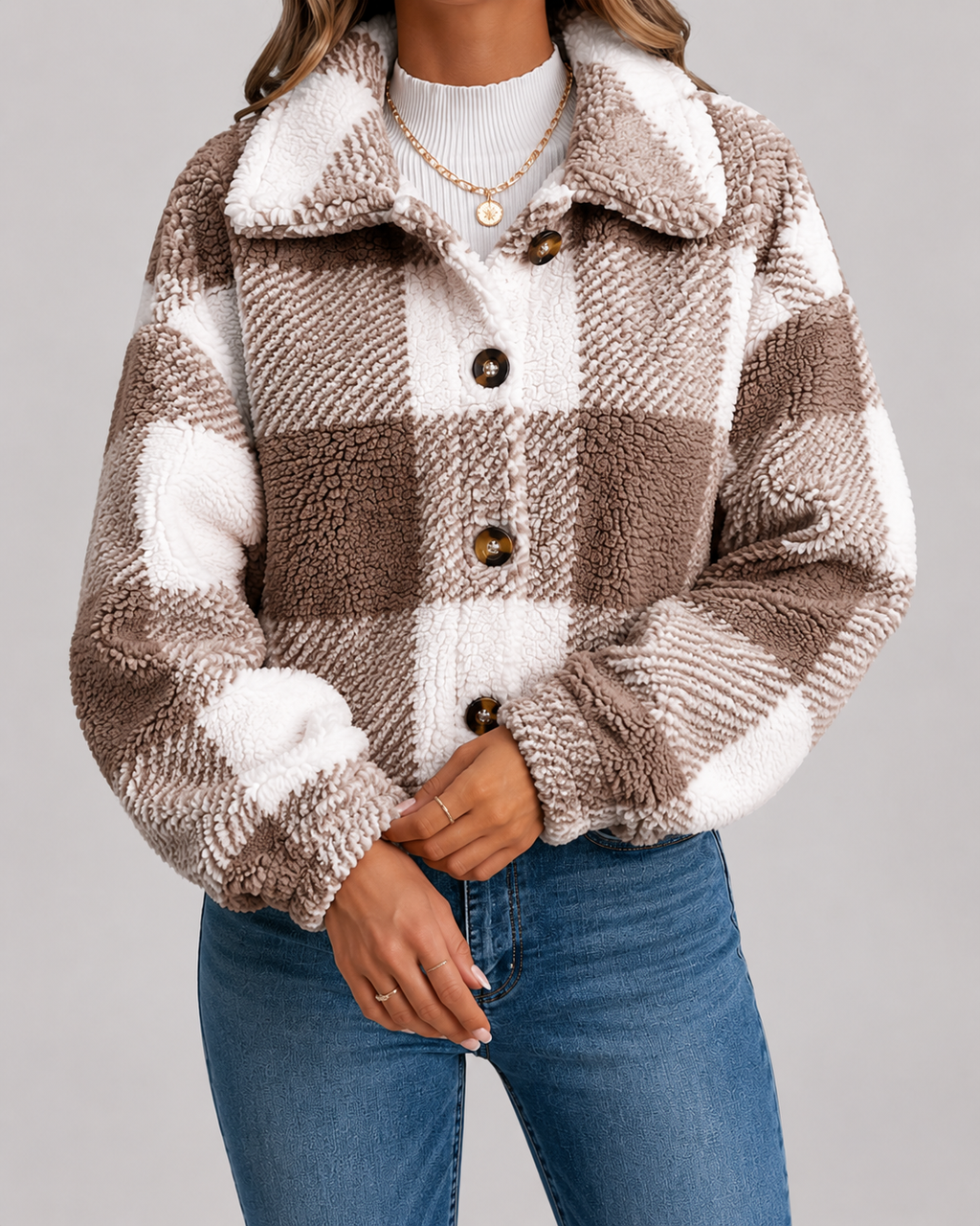 Veste teddy femme à carreaux en polaire