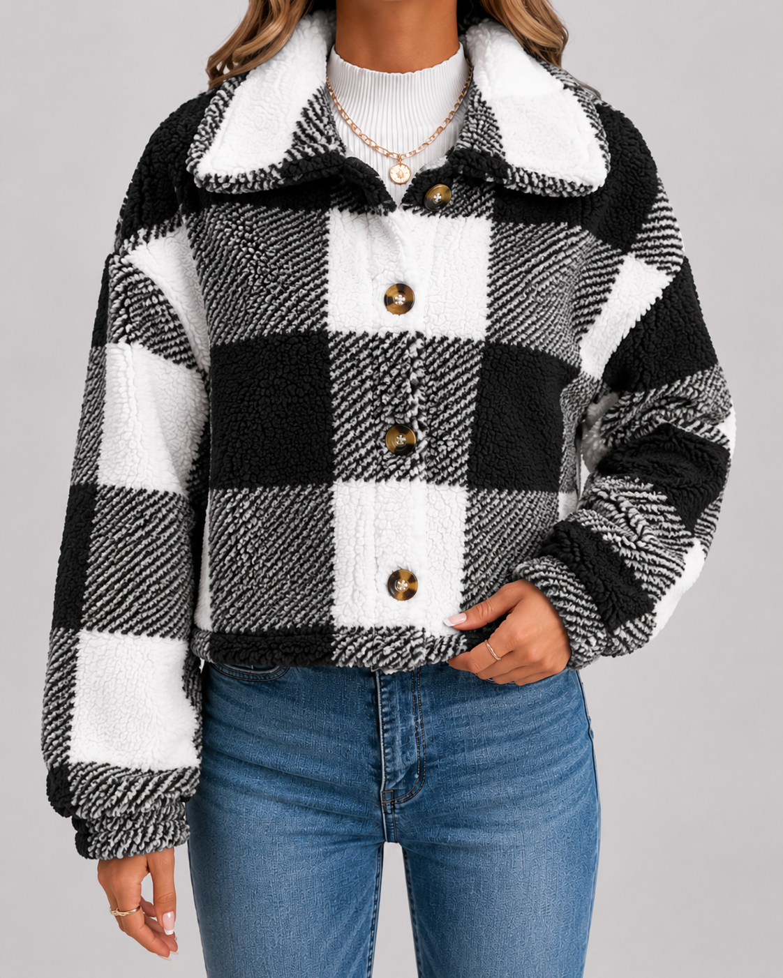 Veste teddy femme à carreaux en polaire