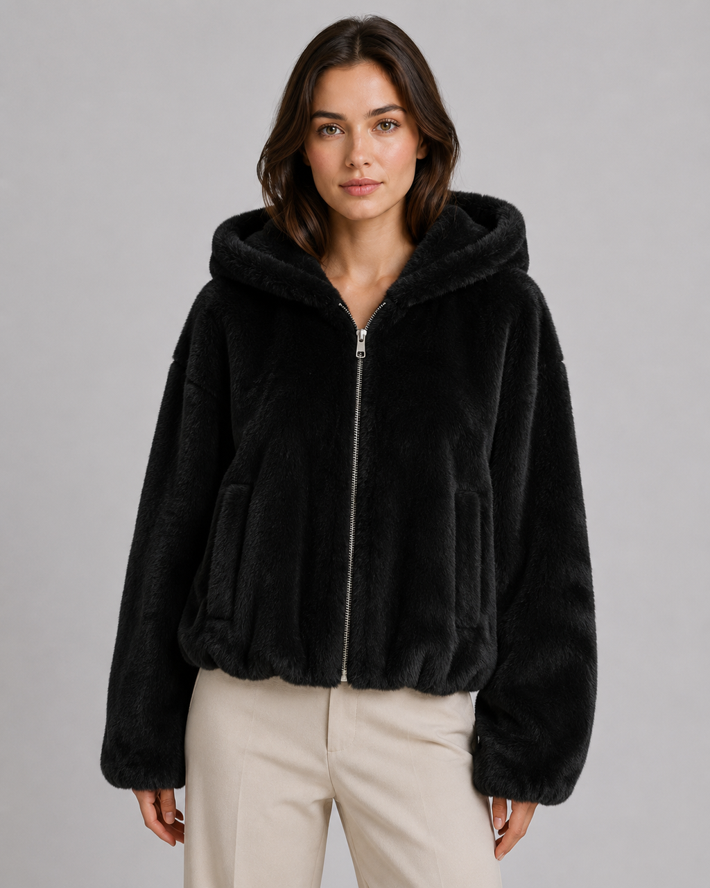 Giacca Donna in Pelliccia Sintetica con Cappuccio