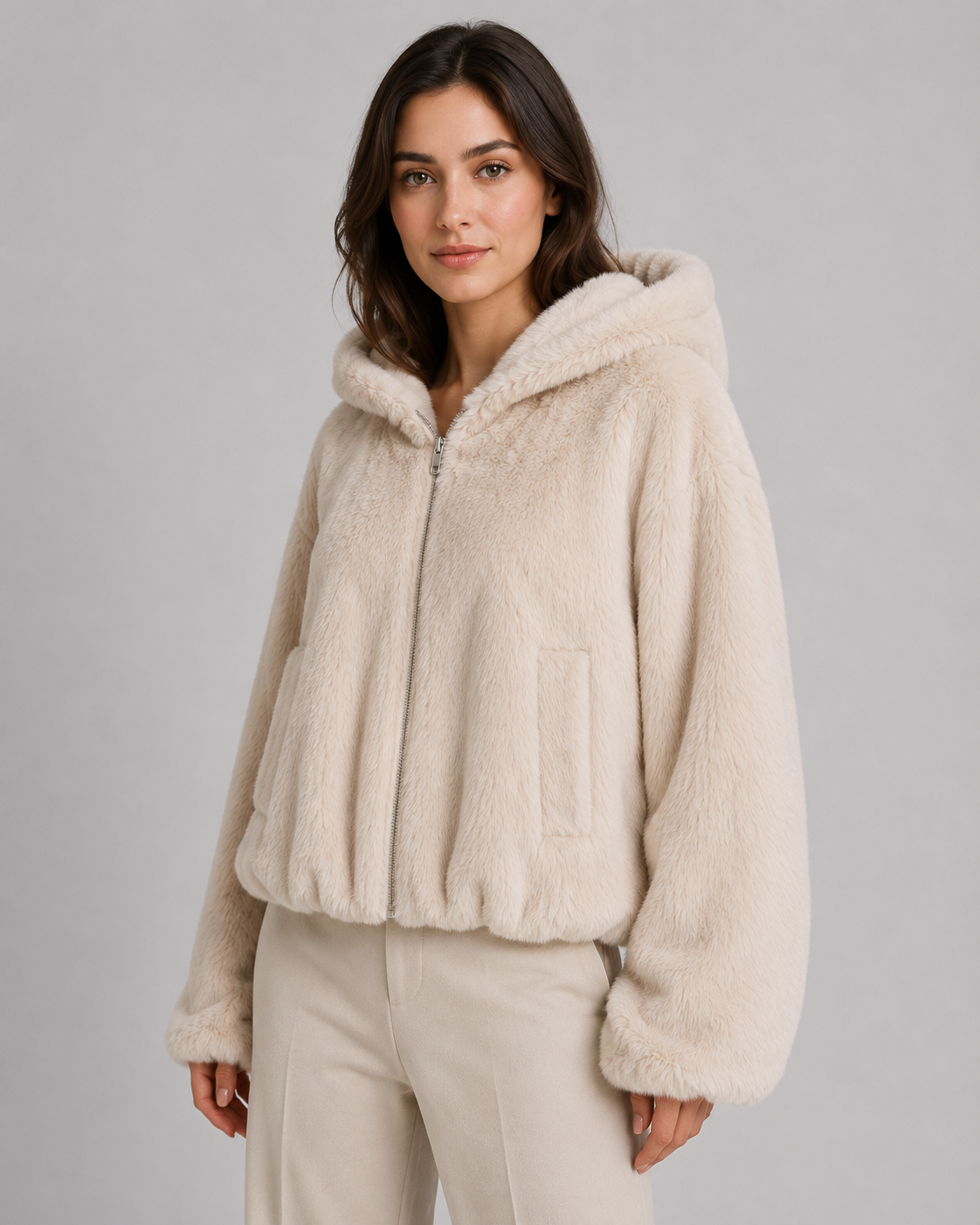 Giacca Donna in Pelliccia Sintetica con Cappuccio