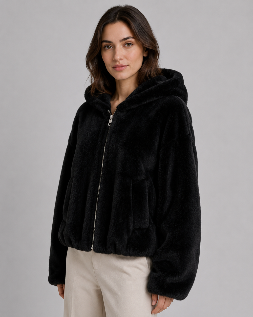 Giacca Donna in Pelliccia Sintetica con Cappuccio