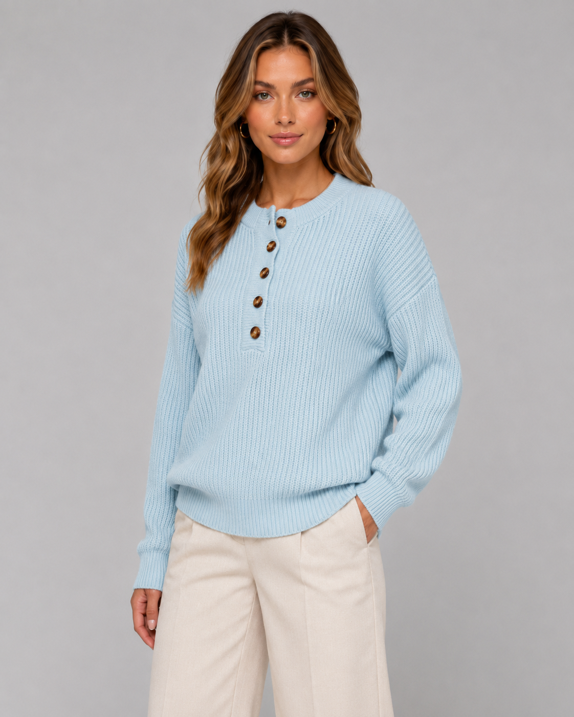 Maglione Henley Donna a Coste con Bottoni