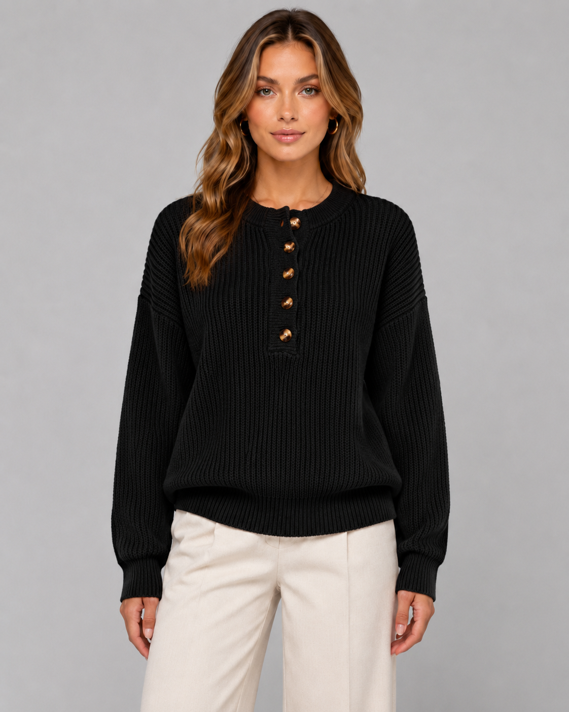 Maglione Henley Donna a Coste con Bottoni