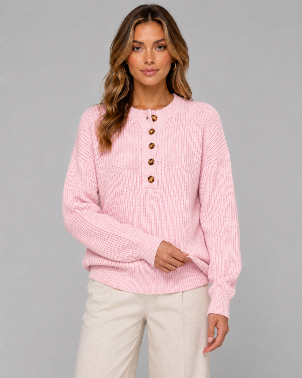 Maglione Henley Donna a Coste con Bottoni