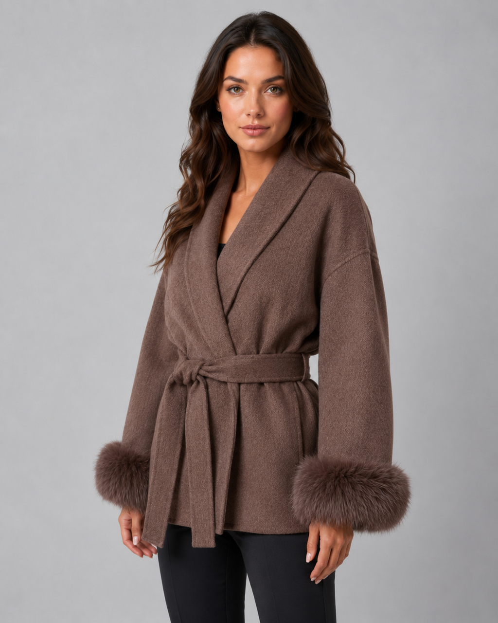 Cappotto Donna a Portafoglio con Cintura e Pelliccia