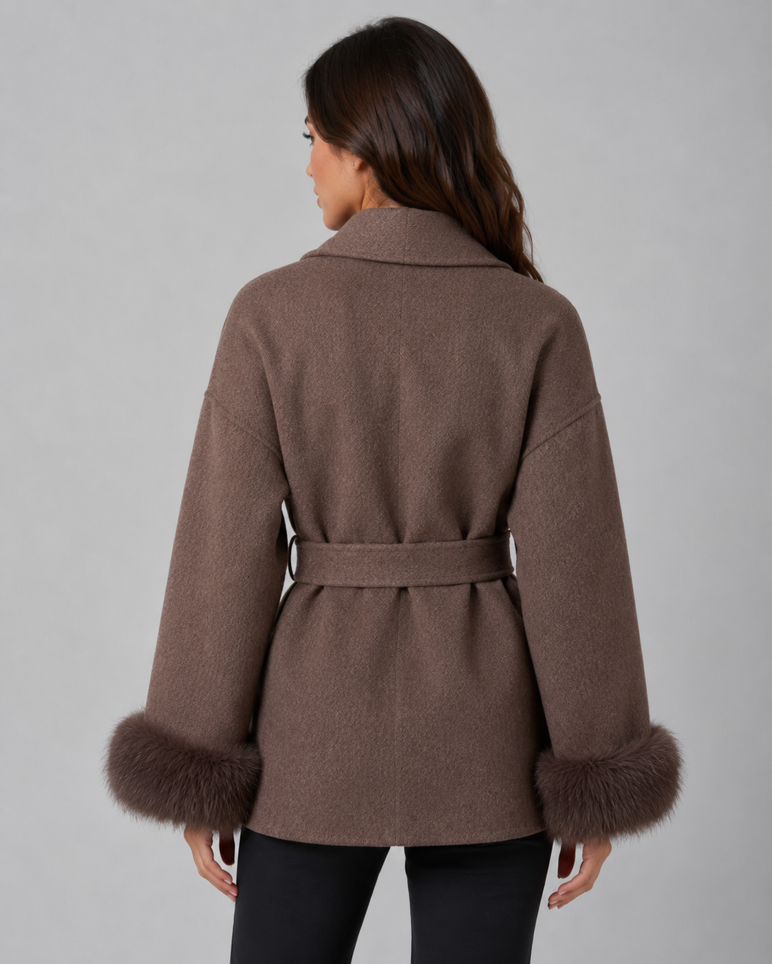 Cappotto Donna a Portafoglio con Cintura e Pelliccia