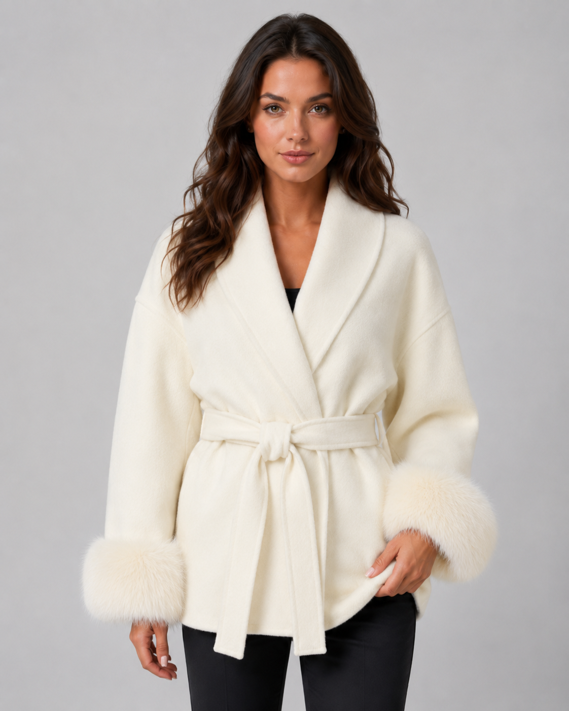 Cappotto Donna a Portafoglio con Cintura e Pelliccia