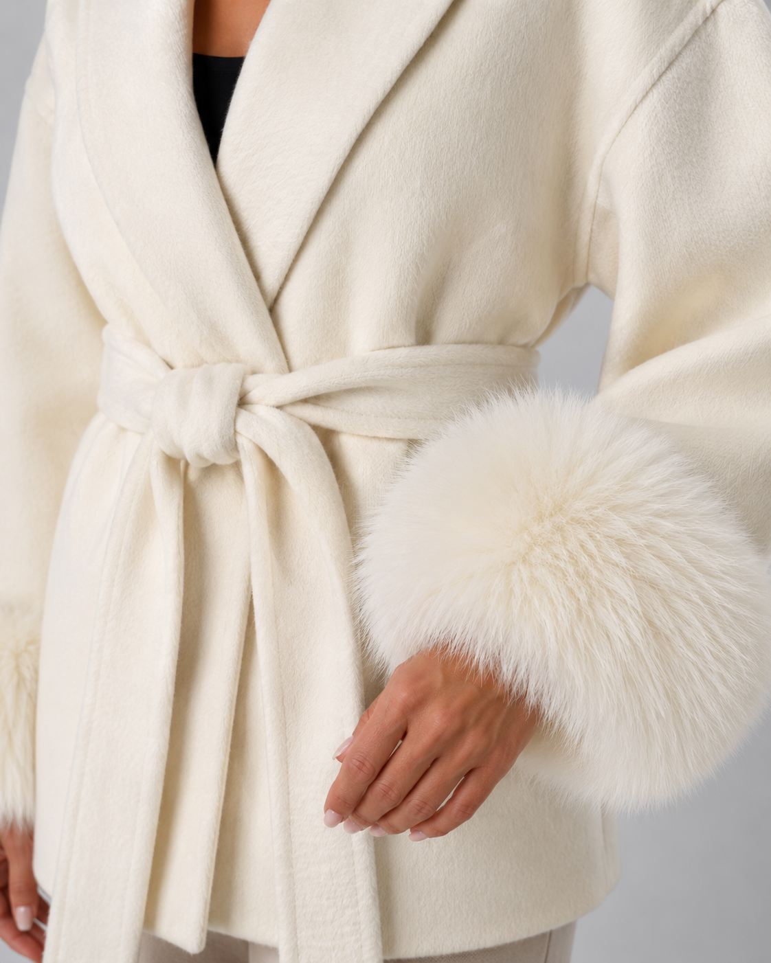 Cappotto Donna a Portafoglio con Cintura e Pelliccia