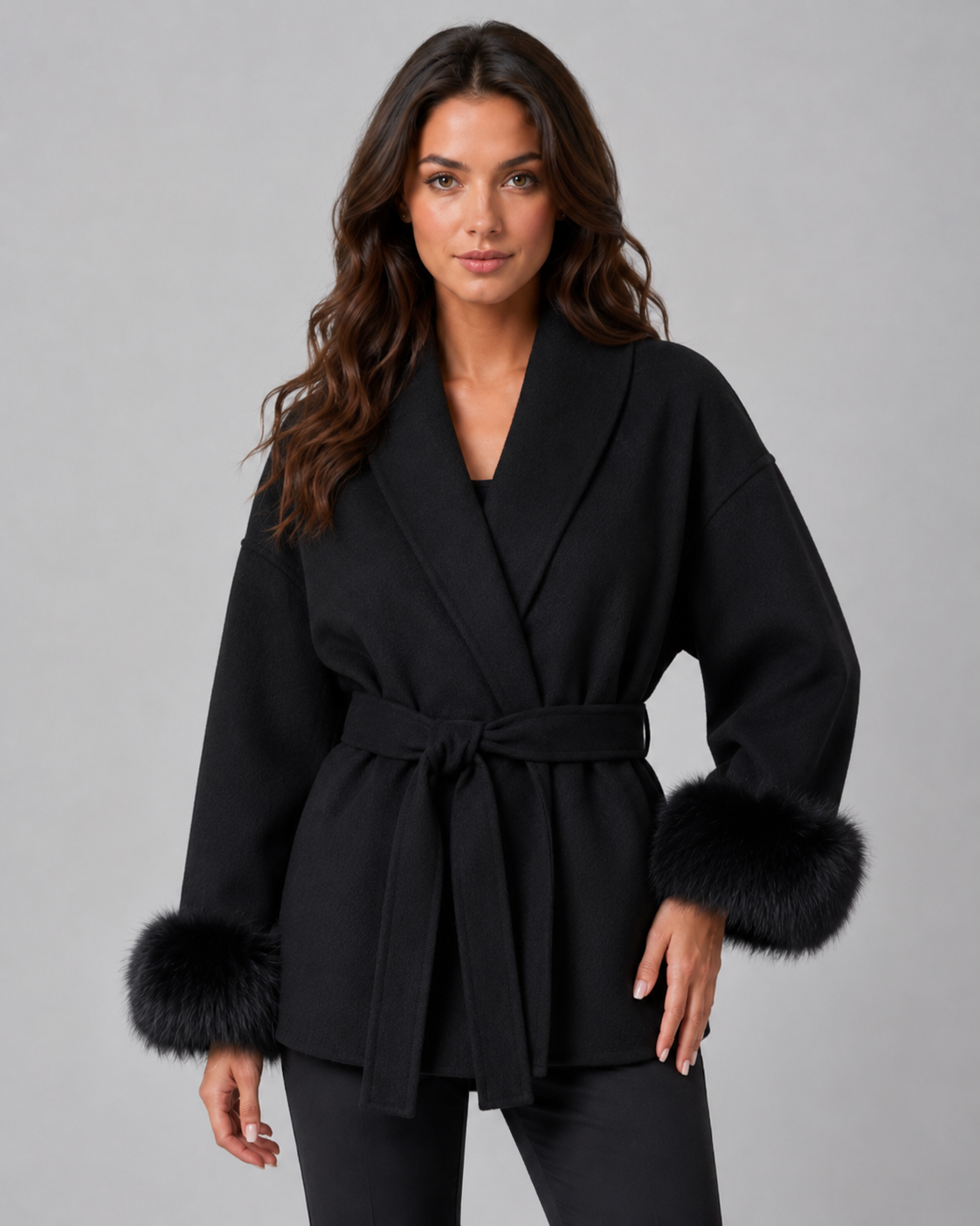 Cappotto Donna a Portafoglio con Cintura e Pelliccia