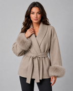 Cappotto Donna a Portafoglio con Cintura e Pelliccia