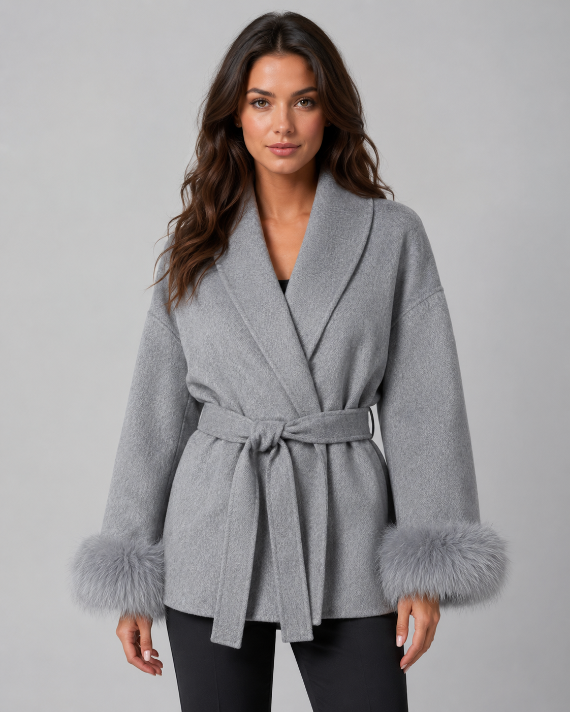 Cappotto Donna a Portafoglio con Cintura e Pelliccia